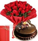 send Order25 Red Roses Bouquet with Half Kg Chocolate Truffle Cake n Greeting Card Delivery