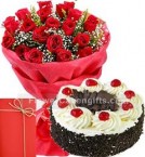send Order25 Red Roses Bouquet with Half Kg Black Forest Cake n Greeting Card Delivery