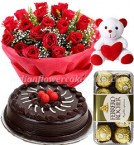 send Orderchocolate cake rose bouquet ferrero rochher chocolate and teddy bear Delivery