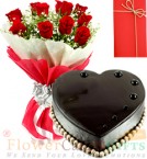 send Order1kg Heart Shaped Chocolate Cake with Red Roses Bunch Delivery