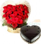 send Order500gms Heart Shaped Chocolate Cake n Roses Heart Shape Bouquet Delivery