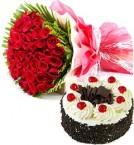 send Order50 Red Roses Flower Bouquet  Half  Kg Black Forest Cake Delivery