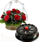send OrderChocolate Traffle Cake Half Kg N Red Roses Basket Delivery