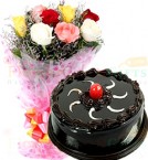 send Order500gms Chocolate Truffles Cake with Mix Roses Bunch Delivery