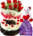 send OrderHalf Kg Black Forest Eggless Cake Red Roses Bouquet 5 Chocolates Teddy bear Delivery