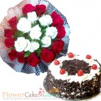 send Order20 red white roses bouquet n half kg black forest cake Delivery