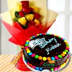 send OrderHalf Kg Chocolate Gems Cake n yellow red roses bouquet Delivery