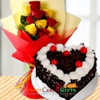 send Orderhalf kg heart shape black forest cake n yellow red roses bouquet Delivery