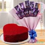 send Orderchocolate bouquet n half kg heart shaped red velvet cake Delivery