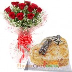 send eggless half kg heart shaped butterscotch cake and red roses bouquet delivery