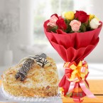 send eggless 1kg heart shaped butterscotch cake and roses bouquet delivery