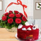 send Orderhalf kg red velvet cake 15 red roses basket Delivery