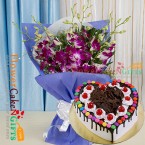 send half kg eggless black forest gems heart shape cake and orchid bouquet delivery