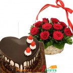 send half kg eggless heart shaped choco vanilla cake n 15 red roses basket delivery