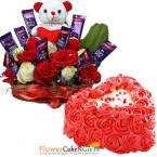 send 1kg eggless heart shaped rose cake n special roses teddy chocolate arrangement delivery