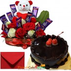 send Orderhalf kg eggless chocolate cake n special roses teddy chocolate arrangement Delivery