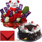 send Order1kg black forest cake n special roses teddy chocolate arrangement  Delivery