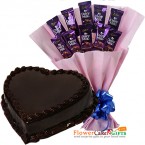 send 1kg eggless chocolate heart shape cake n cadbury dairy milk chocolate bouquet delivery