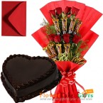 send Orderhalf kg chocolate cake heart shaped n roses five star chocolate bouquet Delivery