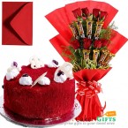 send eggless 1 kg red velvet cake n roses five star chocolate bouquet delivery