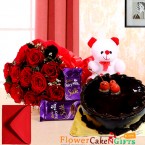 send Orderhalf kg eggless chocolate cake teddy bear dairy milk silks red roses bouquet Delivery