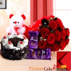 send Order1kg black forest cake teddy bear dairy milk silks red roses bouquet Delivery