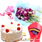 send 1kg eggless white forest cake n dairy milk chocolate n orchid bouquet delivery