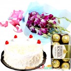 send Orderhalf kg white forest cake n ferrero rocher chocolates n orchid bouquet Delivery