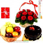 send Orderhalf kg chocolate cake 3 kg fresh fruits basket 15 roses basket greeting card Delivery