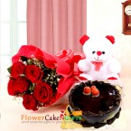 send 1kg eggless chocolate cake teddy bear 6 red roses delivery
