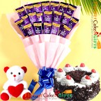 send Orderhalf kg eggless black forest cake teddy cadbury dairy milk bouquet Delivery