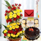 send half kg chocolate truffle cake and 50 red n yellow tall basket ferocher chocolate delivery