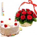 send 1kg eggless white forest cake and 15 red roses basket delivery