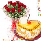 send 1kg butterscotch heart shape cake and 10 roses bouquet delivery