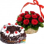 send OrderBlack Forest Cake Half Kg N Red Roses Basket Delivery