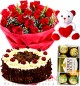 500gms Black Forest Cake Red Rose Bouquet  Ferrero Rochher Chocolate Teddy Bear