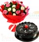 Half Kg Chocolate Truffle Cake n Mix Roses Flower Bouquet