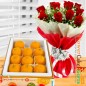 500 gms pure ghee laddu sweet box and red roses bouquet