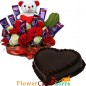 roses flower n teddy chocolate arrangement N half kg chocolate cake heart shape