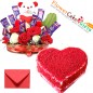 half kg heart shaped red velvet cake n special roses teddy chocolate basket