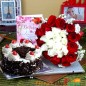 half kg eggless black forest cake along with 20 mix red and white roses greeting card