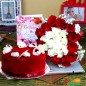 half kg eggless red velvet cake n 20 mix red white roses n greeting card