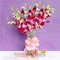 8 purple orchids bunch with glass vase