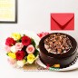 half kg choco kitkat cake and 10 mix roses bouquet n card