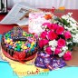 half kg kitkat gems cake 12 pink roses bouquet chocolate card