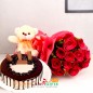 half kg kitkat chocolate cake teddy with 12 red roses bouquet