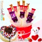 half kg eggless black forest gems heart shaped cake teddy chocolates hamper
