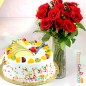 half kg eggless fruit cake n 12 pink roses in a vase