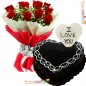 half kg heart shape chocolate cake and 10 roses bouquet