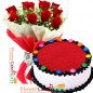 half kg red velvet gems cake heart shape and 10 red roses bouquet